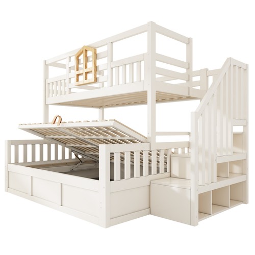 Wooden kids bunk bed - wooden, staircase